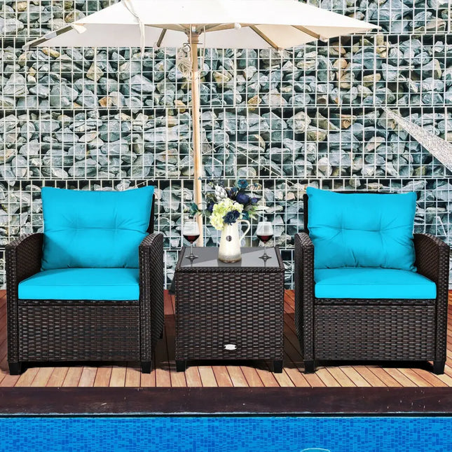 3 Pcs Patio Rattan Furniture Set Cushioned Conversation Set Coffee Table-Turquoise - Turquoise - Patio Conversation Sets