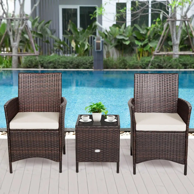 3 Pcs Patio Rattan Furniture Set Cushioned Sofa and Glass Tabletop Deck-White - White - Patio Conversation Sets