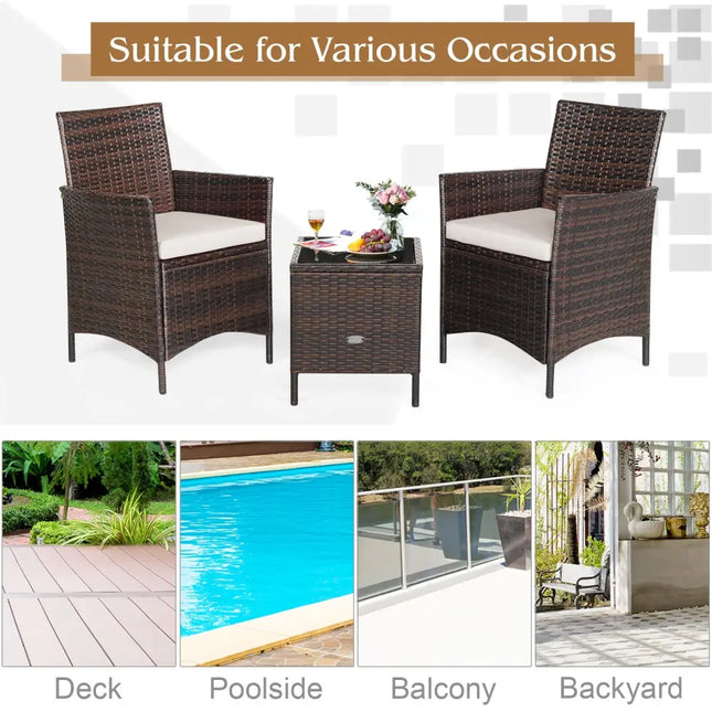 3 Pcs Patio Rattan Furniture Set Cushioned Sofa and Glass Tabletop Deck-White - White - Patio Conversation Sets