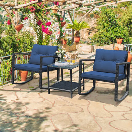 3 Pcs Patio Rattan Set Rocking Chair Cushioned Sofa Garden Furniture-Navy - Navy - Patio Conversation Sets
