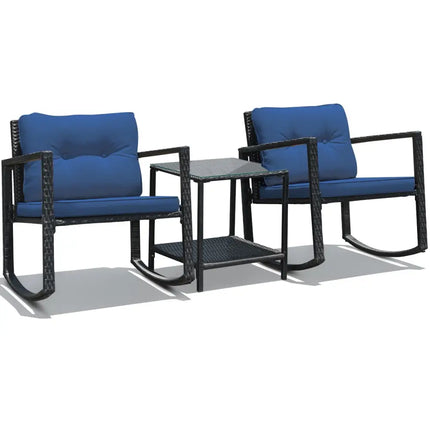 3 Pcs Patio Rattan Set Rocking Chair Cushioned Sofa Garden Furniture-Navy - Navy - Patio Conversation Sets