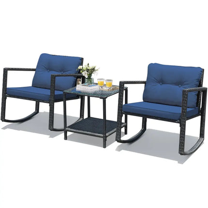 3 Pcs Patio Rattan Set Rocking Chair Cushioned Sofa Garden Furniture-Navy - Navy - Patio Conversation Sets