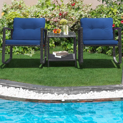 3 Pcs Patio Rattan Set Rocking Chair Cushioned Sofa Garden Furniture-Navy - Navy - Patio Conversation Sets