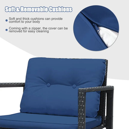 3 Pcs Patio Rattan Set Rocking Chair Cushioned Sofa Garden Furniture-Navy - Navy - Patio Conversation Sets