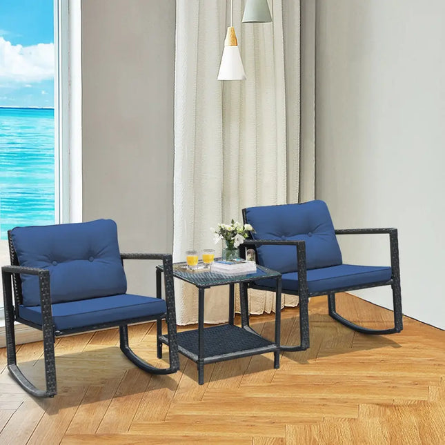 3 Pcs Patio Rattan Set Rocking Chair Cushioned Sofa Garden Furniture-Navy - Navy - Patio Conversation Sets