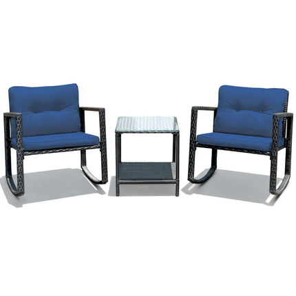 3 Pcs Patio Rattan Set Rocking Chair Cushioned Sofa Garden Furniture-Navy - Navy - Patio Conversation Sets