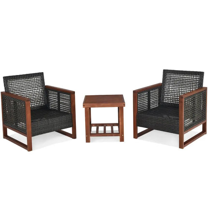 3 Pcs Patio Wicker Furniture Sofa Set with Wooden Frame and Cushion-Beige - Beige - Patio Conversation Sets
