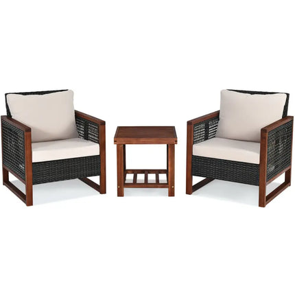 3 Pcs Patio Wicker Furniture Sofa Set with Wooden Frame and Cushion-Beige - Beige - Patio Conversation Sets