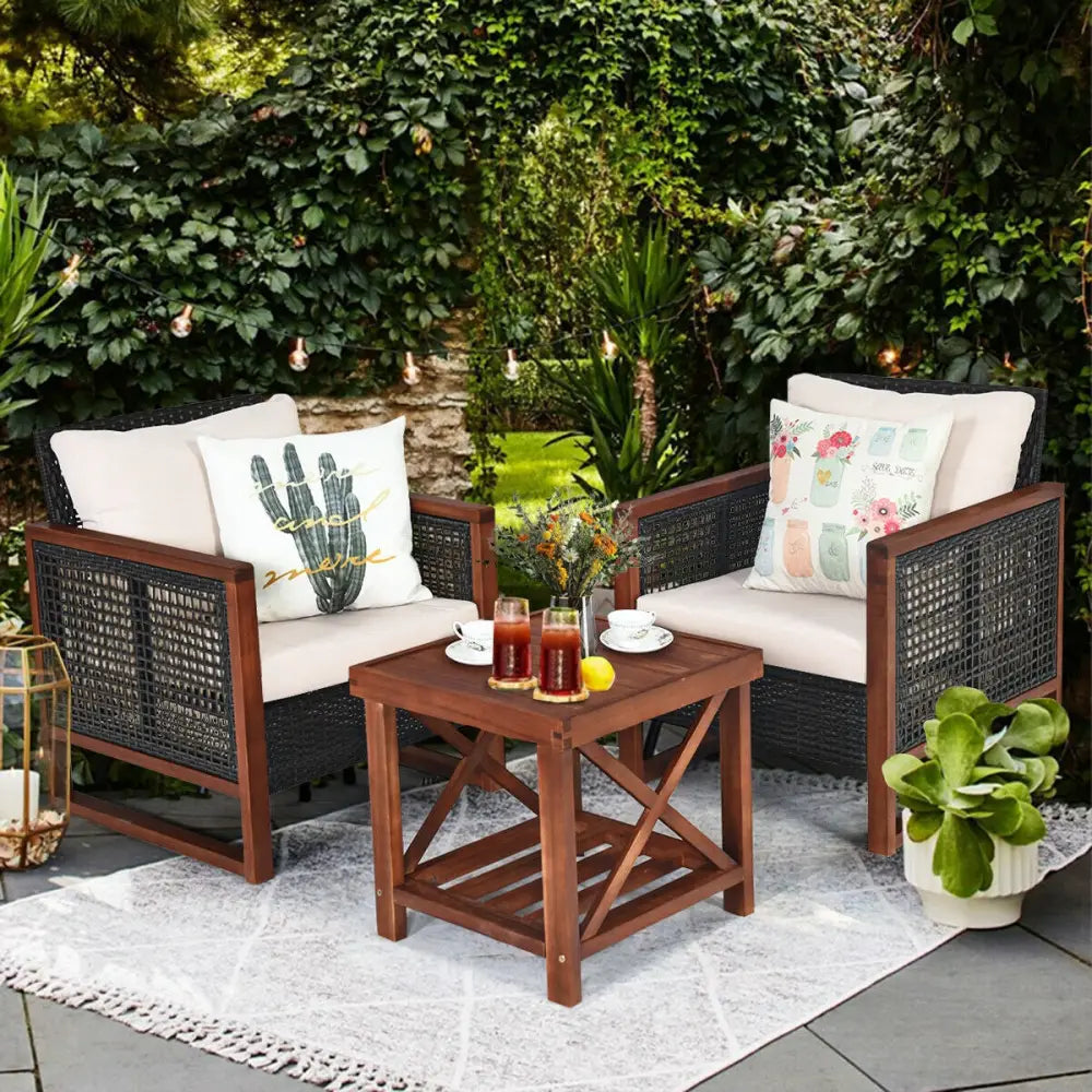 3 Pcs Patio Wicker Furniture Sofa Set with Wooden Frame and Cushion-Beige - Beige - Patio Conversation Sets