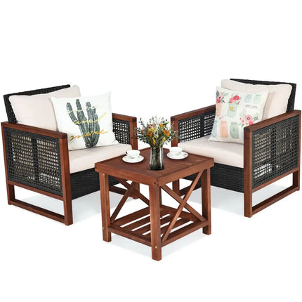 3 Pcs Patio Wicker Furniture Sofa Set with Wooden Frame and Cushion-Beige - Beige - Patio Conversation Sets