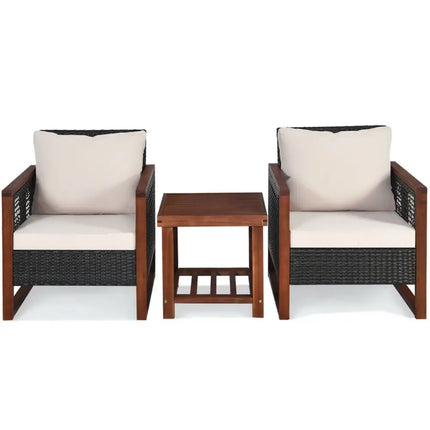3 Pcs Patio Wicker Furniture Sofa Set with Wooden Frame and Cushion-Beige - Beige - Patio Conversation Sets