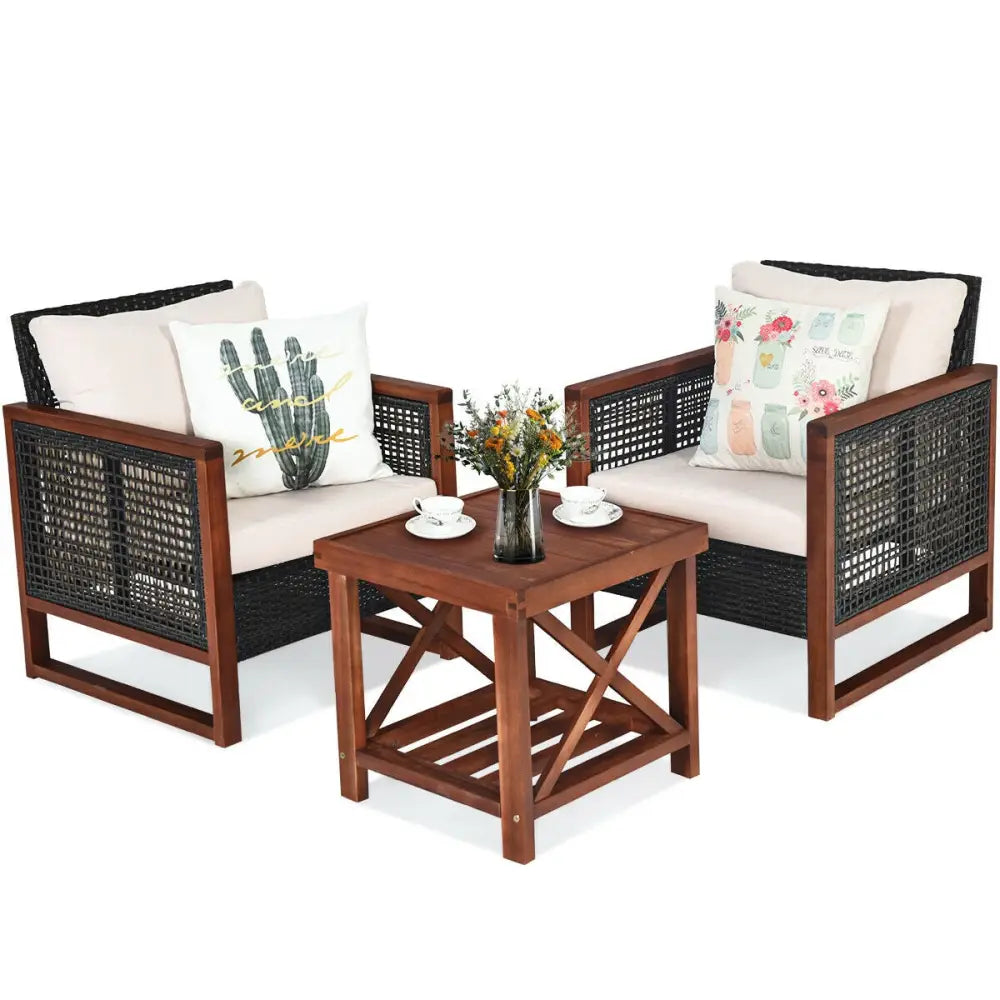 3 Pcs Patio Wicker Furniture Sofa Set with Wooden Frame and Cushion-Beige - Beige - Patio Conversation Sets