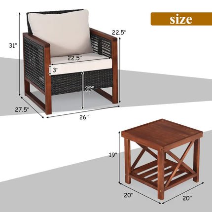 3 Pcs Patio Wicker Furniture Sofa Set with Wooden Frame and Cushion-Beige - Beige - Patio Conversation Sets