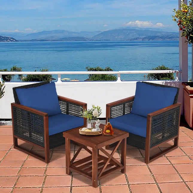 3 Pcs Patio Wicker Furniture Sofa Set with Wooden Frame and Cushion-Navy - Navy - Patio Conversation Sets