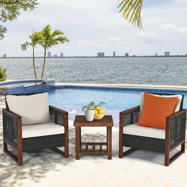 3 Pcs Patio Wicker Furniture Sofa Set with Wooden Frame and Cushion-Beige - Beige - Patio Conversation Sets
