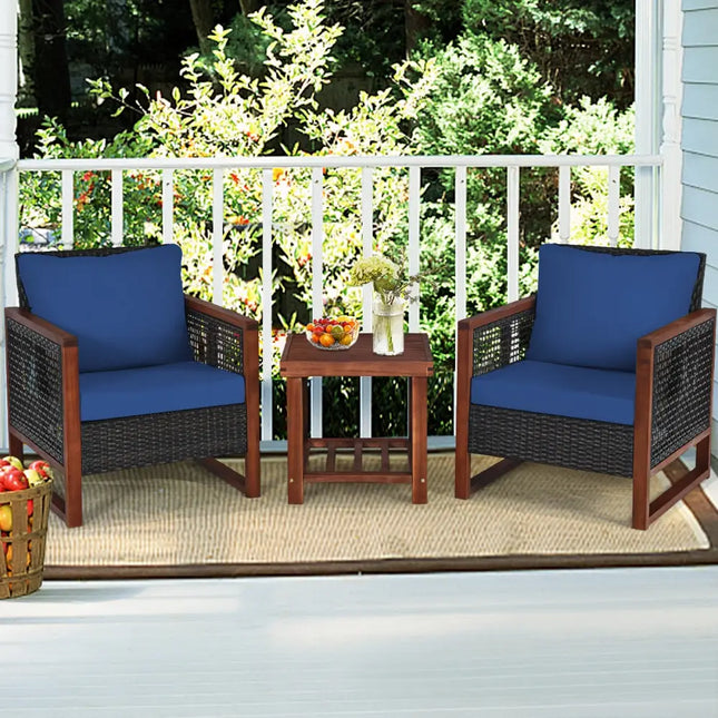 3 Pcs Patio Wicker Furniture Sofa Set with Wooden Frame and Cushion-Navy - Navy - Patio Conversation Sets