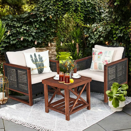 3 Pcs Patio Wicker Furniture Sofa Set with Wooden Frame and Cushion-Beige - Beige - Patio Conversation Sets