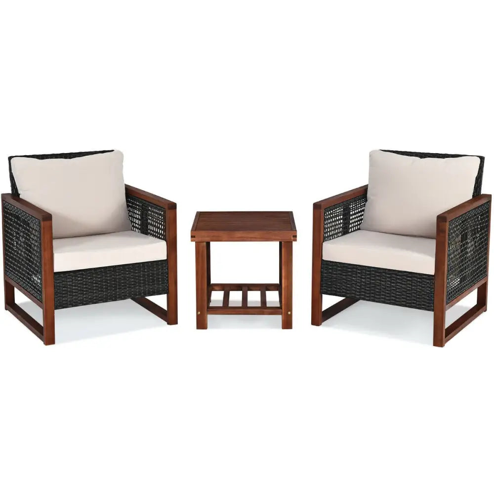 3 Pcs Patio Wicker Furniture Sofa Set with Wooden Frame and Cushion-Beige - Beige - Patio Conversation Sets