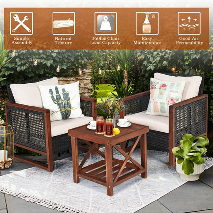 3 Pcs Patio Wicker Furniture Sofa Set with Wooden Frame and Cushion-Beige - Beige - Patio Conversation Sets