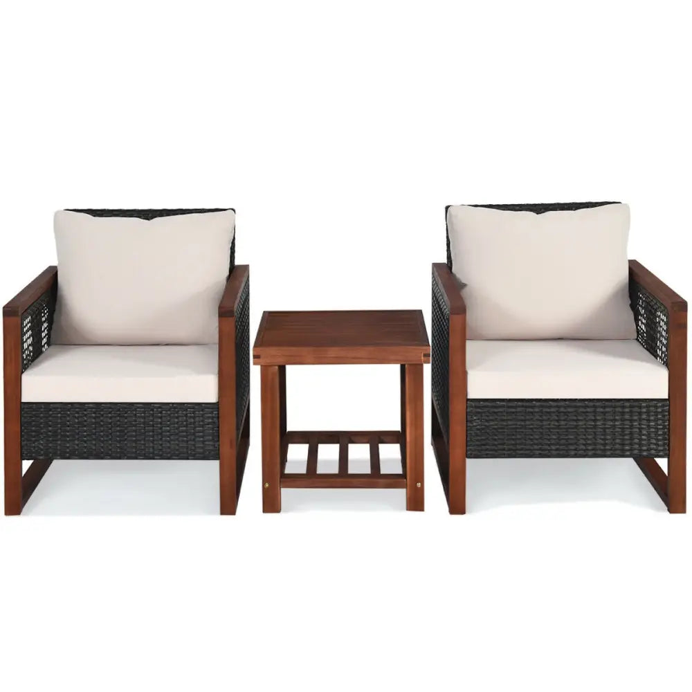 3 Pcs Patio Wicker Furniture Sofa Set with Wooden Frame and Cushion-Beige - Beige - Patio Conversation Sets