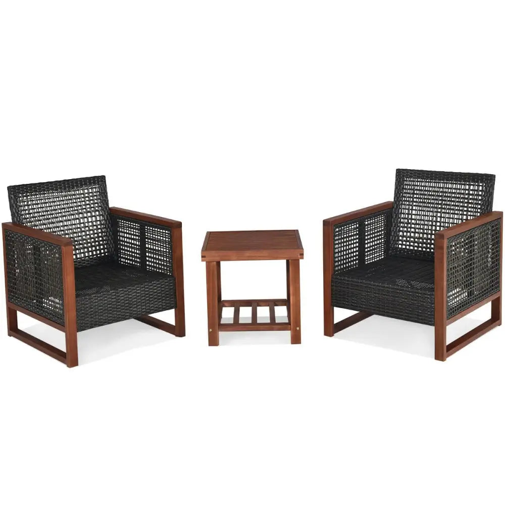 3 Pcs Patio Wicker Furniture Sofa Set with Wooden Frame and Cushion-Beige - Beige - Patio Conversation Sets