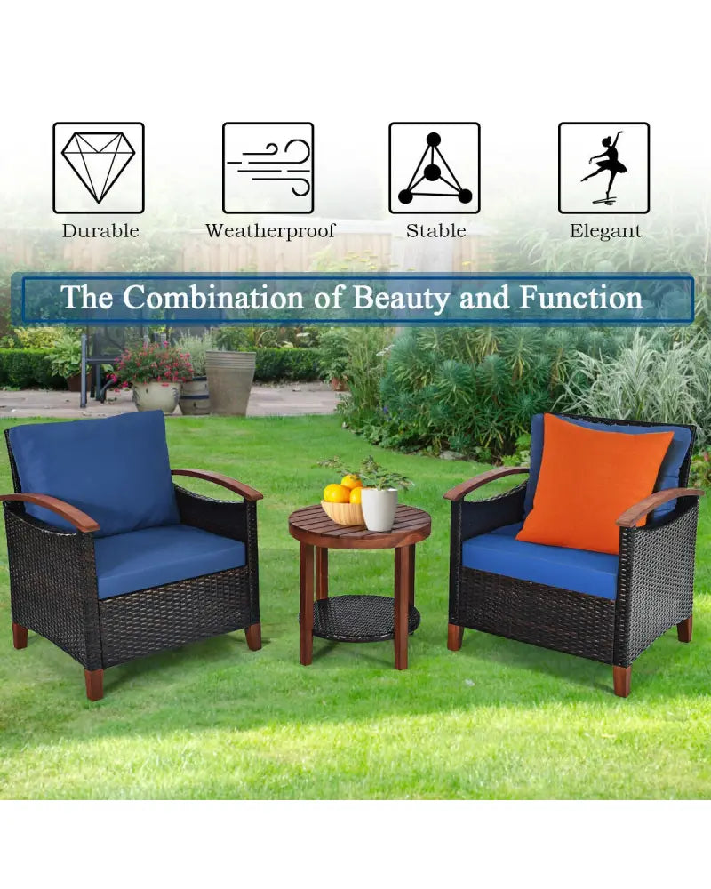 3 Pcs Solid Wood Frame Patio Rattan Furniture Set-Blue - Blue - Patio Conversation Sets