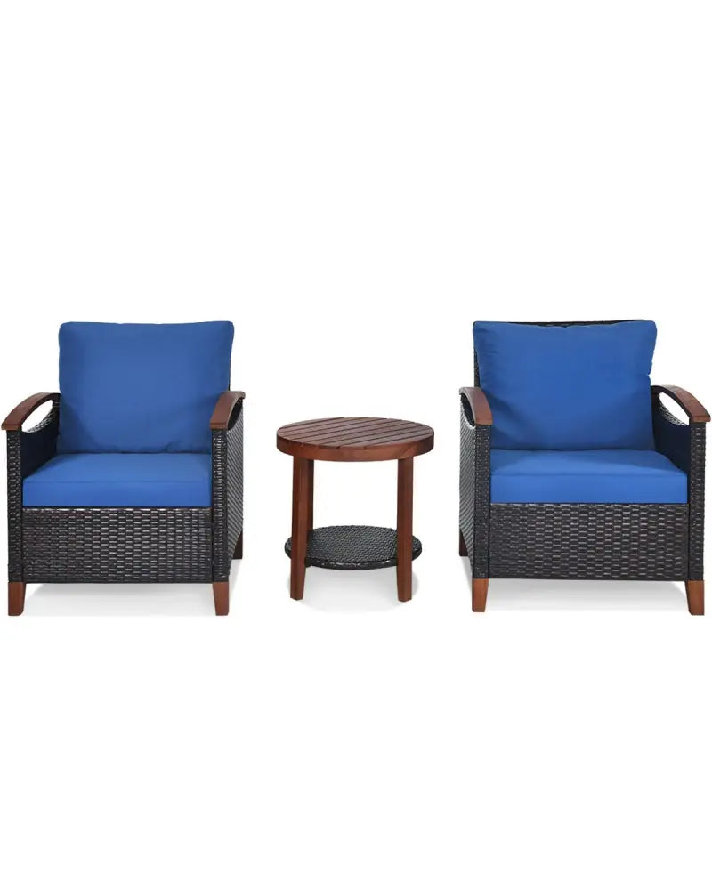 3 Pcs Solid Wood Frame Patio Rattan Furniture Set-Blue - Blue - Patio Conversation Sets