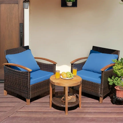 3 Pcs Solid Wood Frame Patio Rattan Furniture Set-Blue - Blue - Patio Conversation Sets