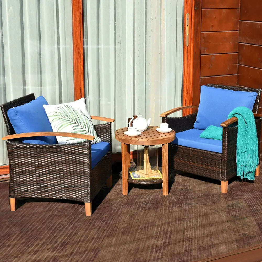 3 Pcs Solid Wood Frame Patio Rattan Furniture Set-Blue - Blue - Patio Conversation Sets