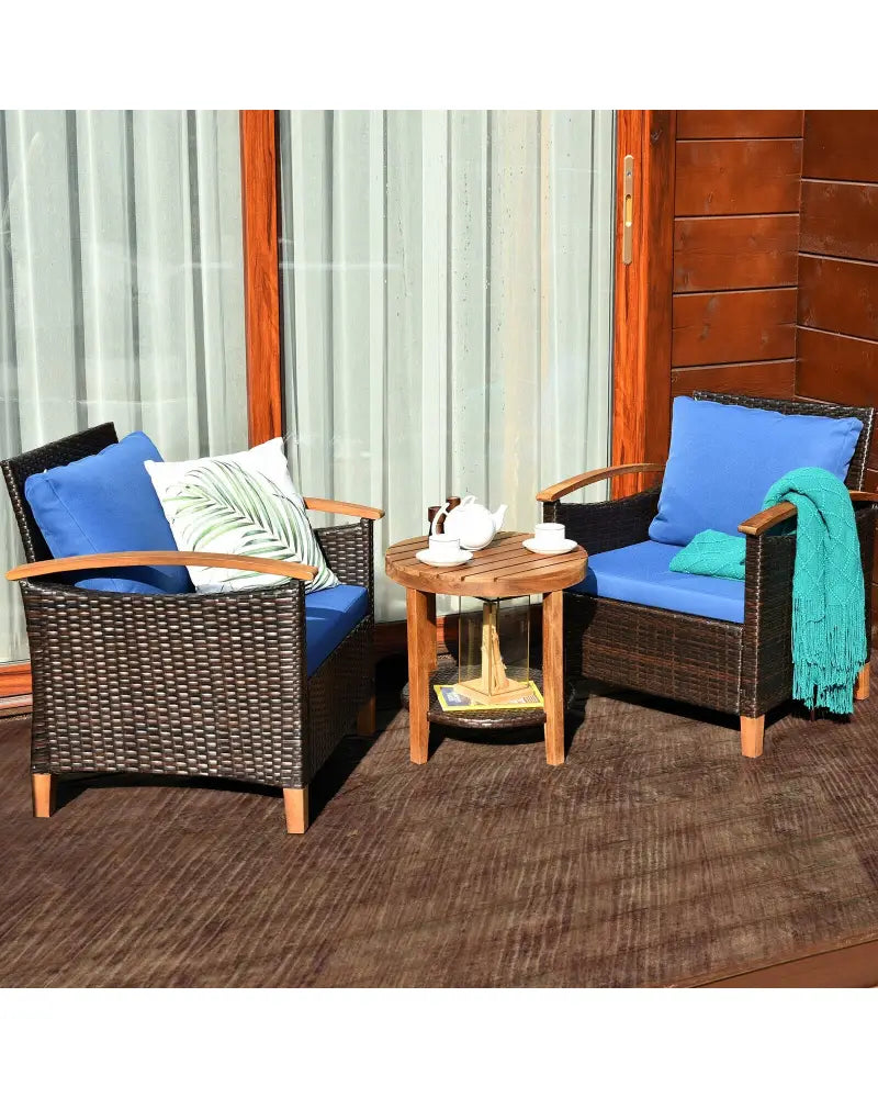 3 Pcs Solid Wood Frame Patio Rattan Furniture Set-Blue - Blue - Patio Conversation Sets