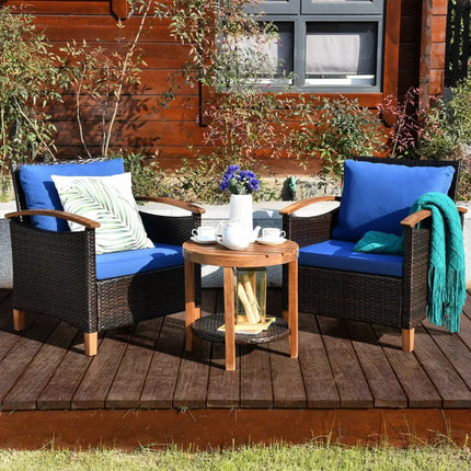 3 Pcs Solid Wood Frame Patio Rattan Furniture Set-Blue - Blue - Patio Conversation Sets