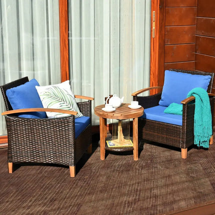 3 Pcs Solid Wood Frame Patio Rattan Furniture Set-Blue - Blue - Patio Conversation Sets