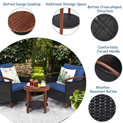 3 Pcs Solid Wood Frame Patio Rattan Furniture Set-Blue - Blue - Patio Conversation Sets