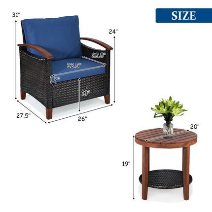 3 Pcs Solid Wood Frame Patio Rattan Furniture Set-Blue - Blue - Patio Conversation Sets