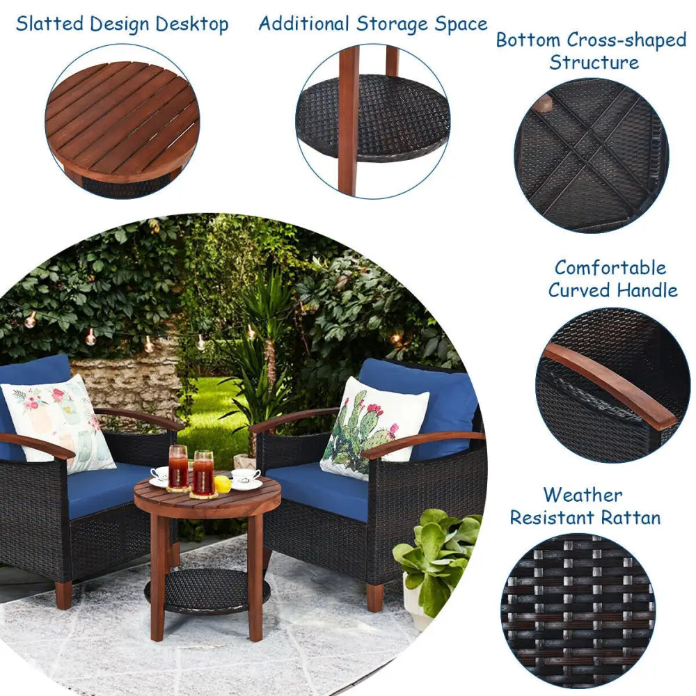 3 Pcs Solid Wood Frame Patio Rattan Furniture Set-Blue - Blue - Patio Conversation Sets