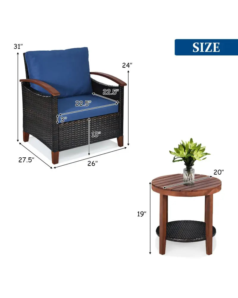 3 Pcs Solid Wood Frame Patio Rattan Furniture Set-Blue - Blue - Patio Conversation Sets