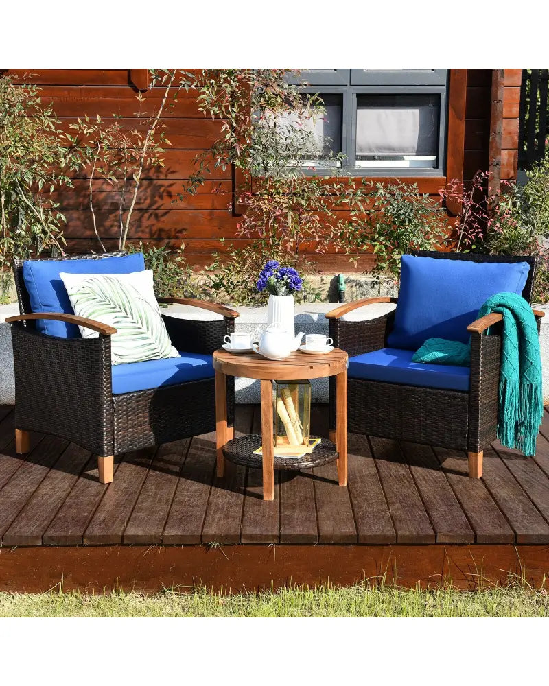 3 Pcs Solid Wood Frame Patio Rattan Furniture Set-Blue - Blue - Patio Conversation Sets