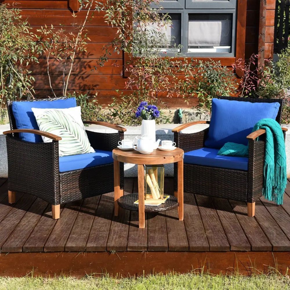 3 Pcs Solid Wood Frame Patio Rattan Furniture Set-Blue - Blue - Patio Conversation Sets