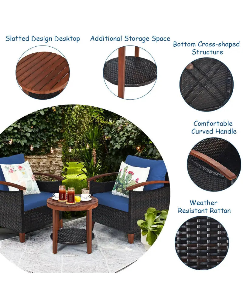 3 Pcs Solid Wood Frame Patio Rattan Furniture Set-Blue - Blue - Patio Conversation Sets