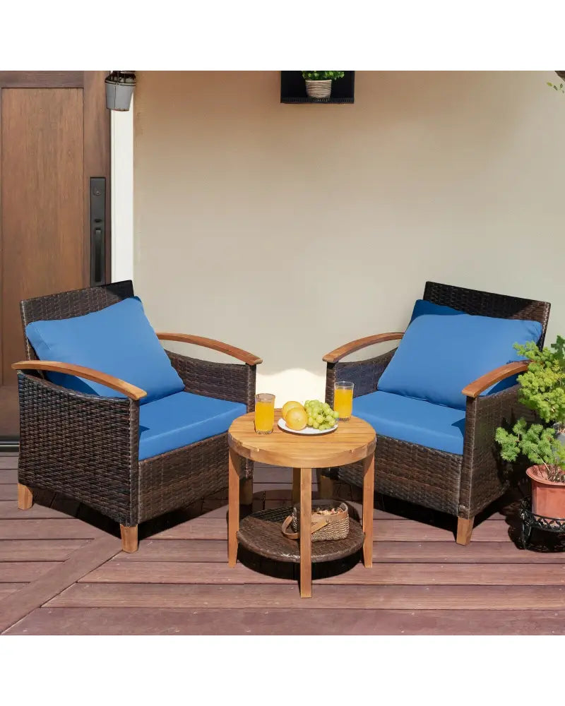 3 Pcs Solid Wood Frame Patio Rattan Furniture Set-Blue - Blue - Patio Conversation Sets