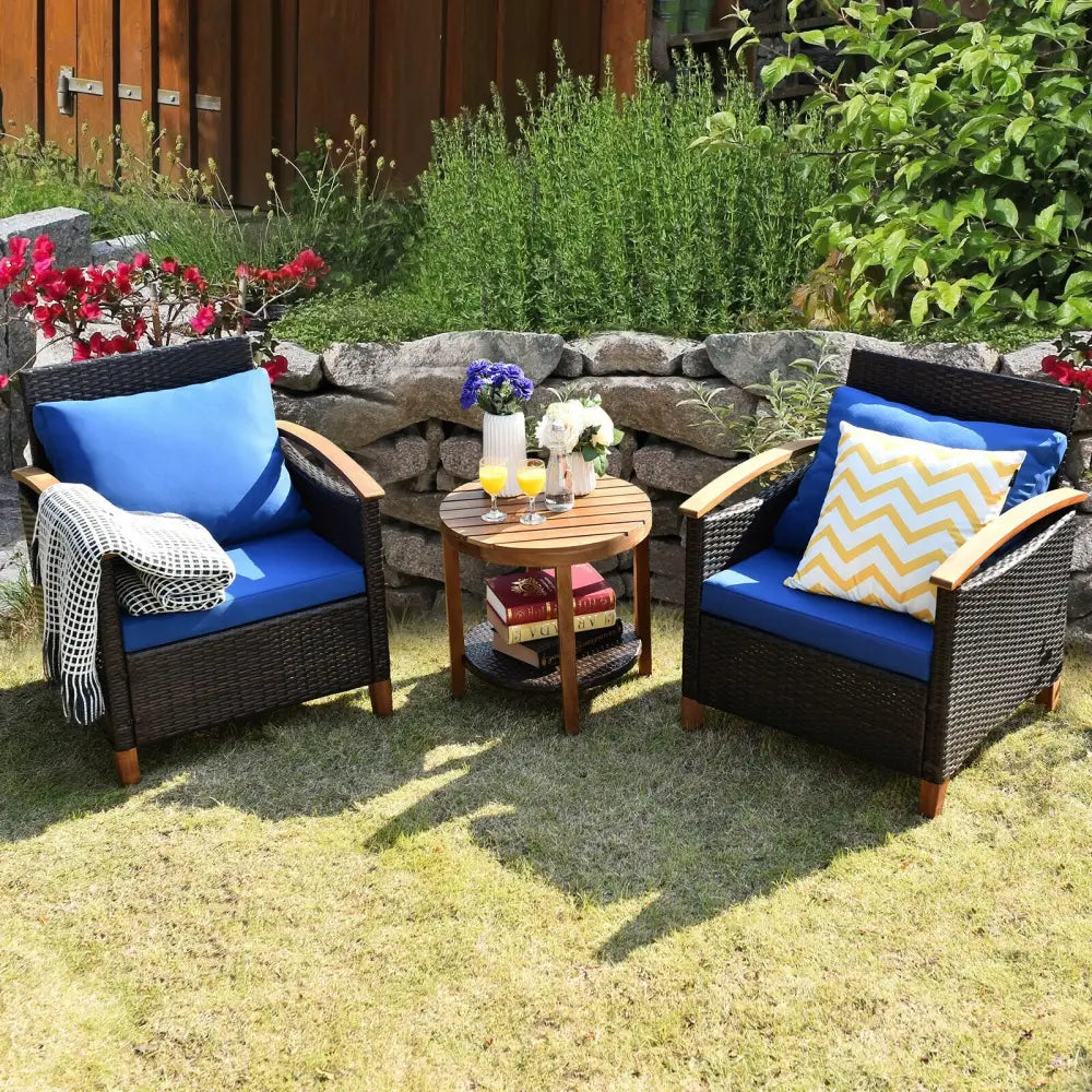 3 Pcs Solid Wood Frame Patio Rattan Furniture Set-Blue - Blue - Patio Conversation Sets