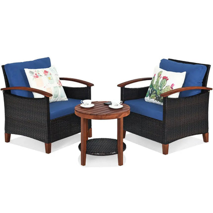 3 Pcs Solid Wood Frame Patio Rattan Furniture Set-Blue - Blue - Patio Conversation Sets