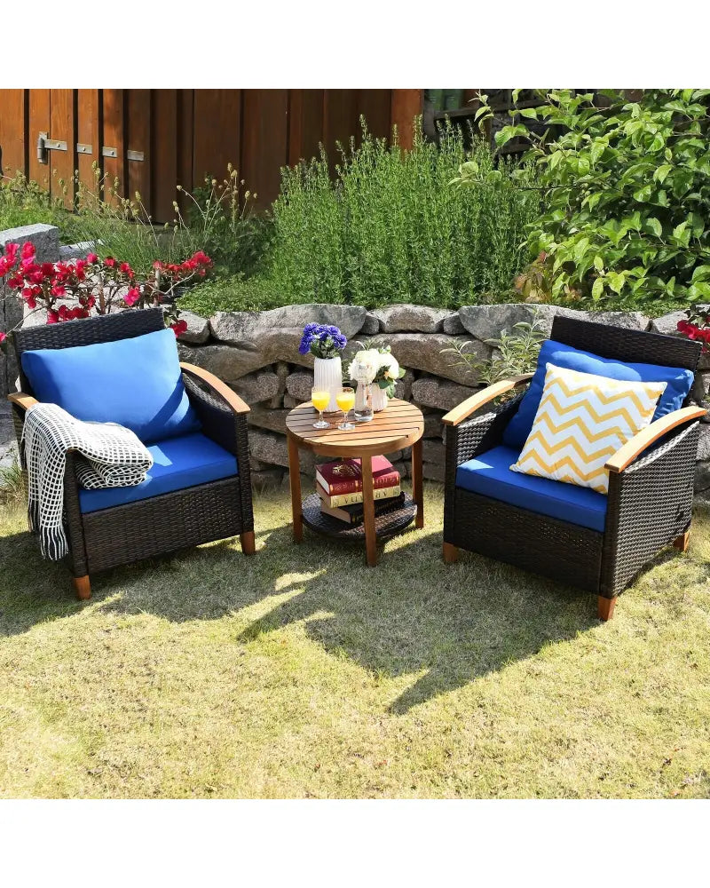 3 Pcs Solid Wood Frame Patio Rattan Furniture Set-Blue - Blue - Patio Conversation Sets