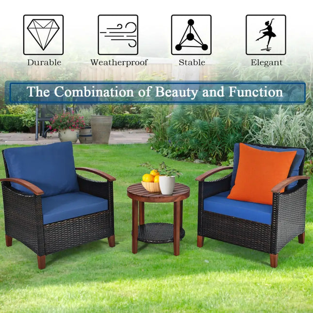 3 Pcs Solid Wood Frame Patio Rattan Furniture Set-Blue - Blue - Patio Conversation Sets