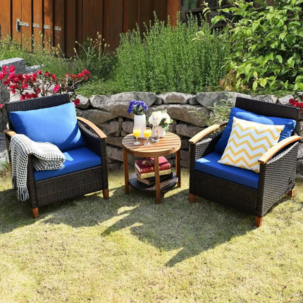 3 Pcs Solid Wood Frame Patio Rattan Furniture Set-Blue - Blue - Patio Conversation Sets