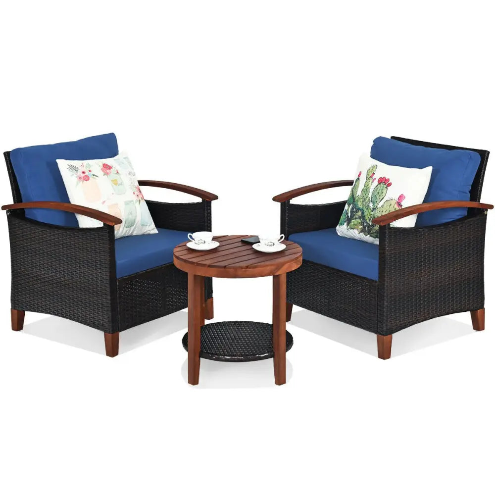 3 Pcs Solid Wood Frame Patio Rattan Furniture Set-Blue - Blue - Patio Conversation Sets