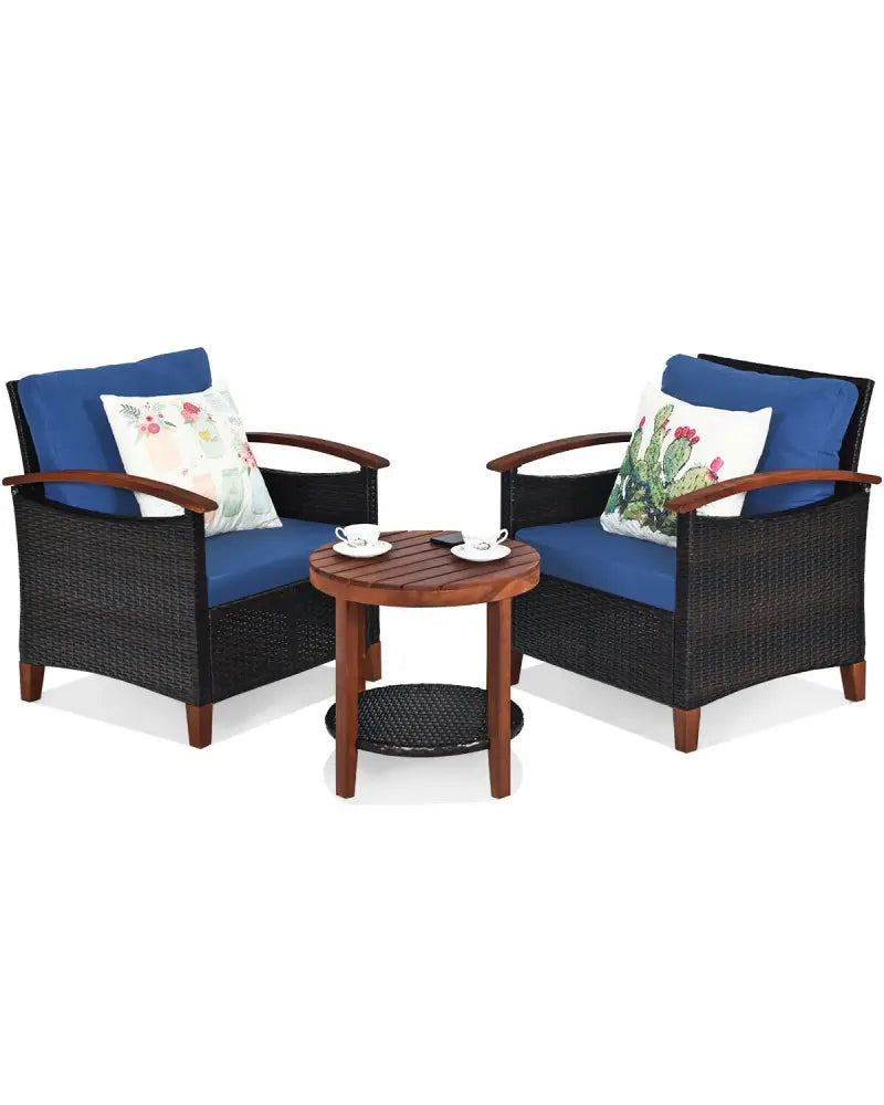 3 Pcs Solid Wood Frame Patio Rattan Furniture Set-Blue - Blue - Patio Conversation Sets