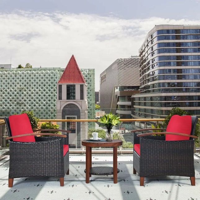 3 Pcs Solid Wood Frame Patio Rattan Furniture Set-Red - Red - Patio Conversation Sets