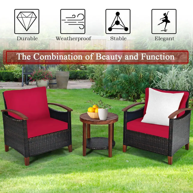 3 Pcs Solid Wood Frame Patio Rattan Furniture Set-Red - Red - Patio Conversation Sets