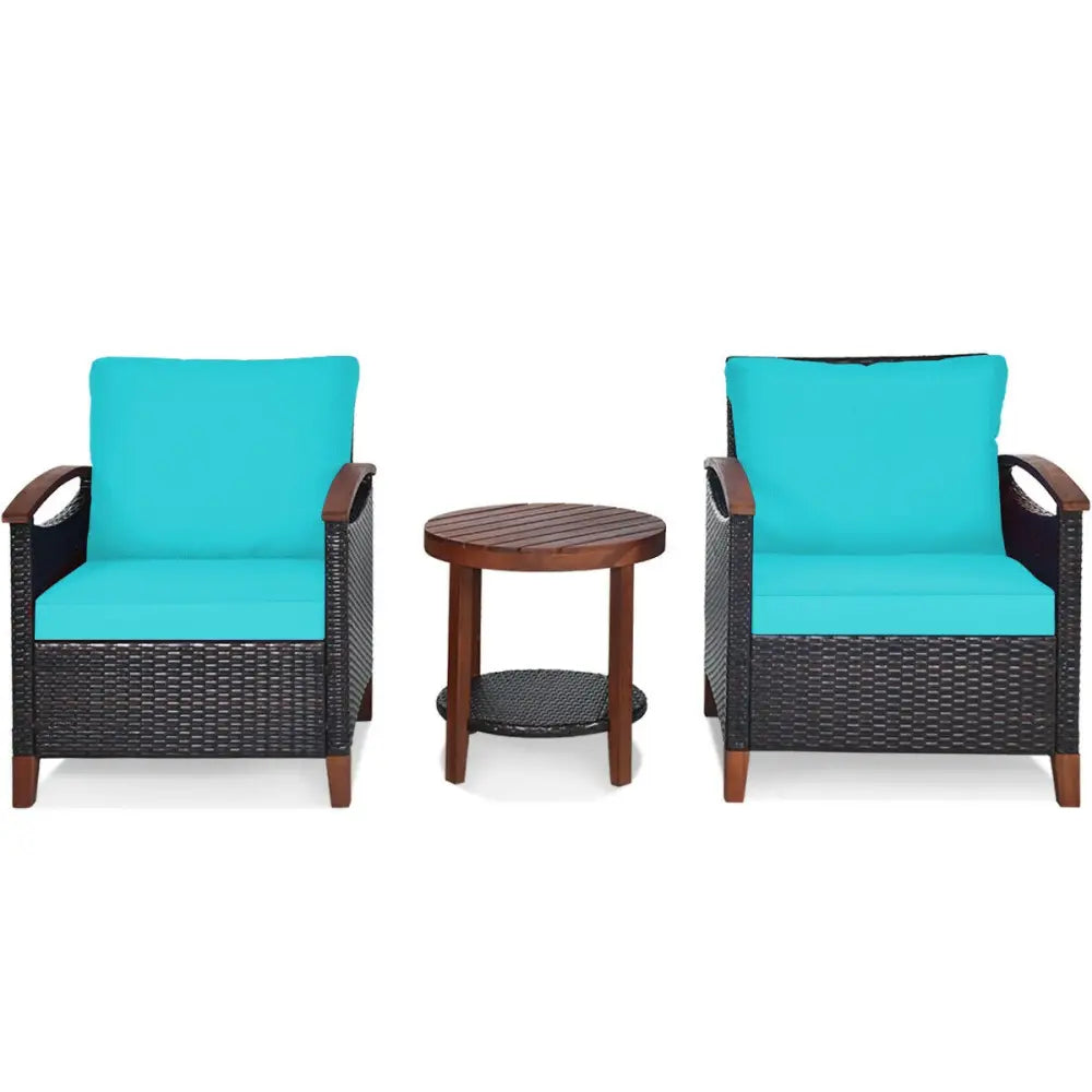 3 Pcs Solid Wood Frame Patio Rattan Furniture Set-Turquoise - Turquoise - Patio Conversation Sets